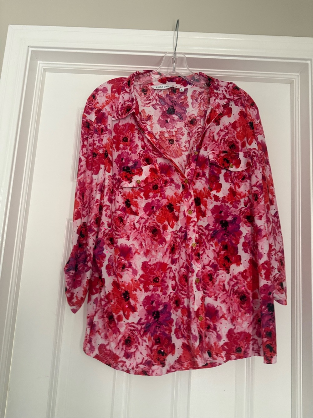 Floral Button-Front Women’s Top in Pink and Red Size XL